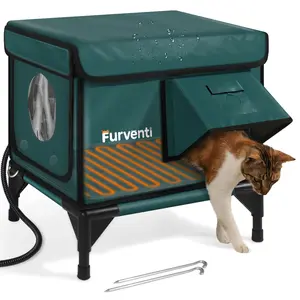 Clawsable Indestructible Heated Cat House for Outside Winter, 100% Waterproof, Safe Escape Door, Insulated Outdoor Cat Shelter with Heater for Feral Barn Cat Kitty