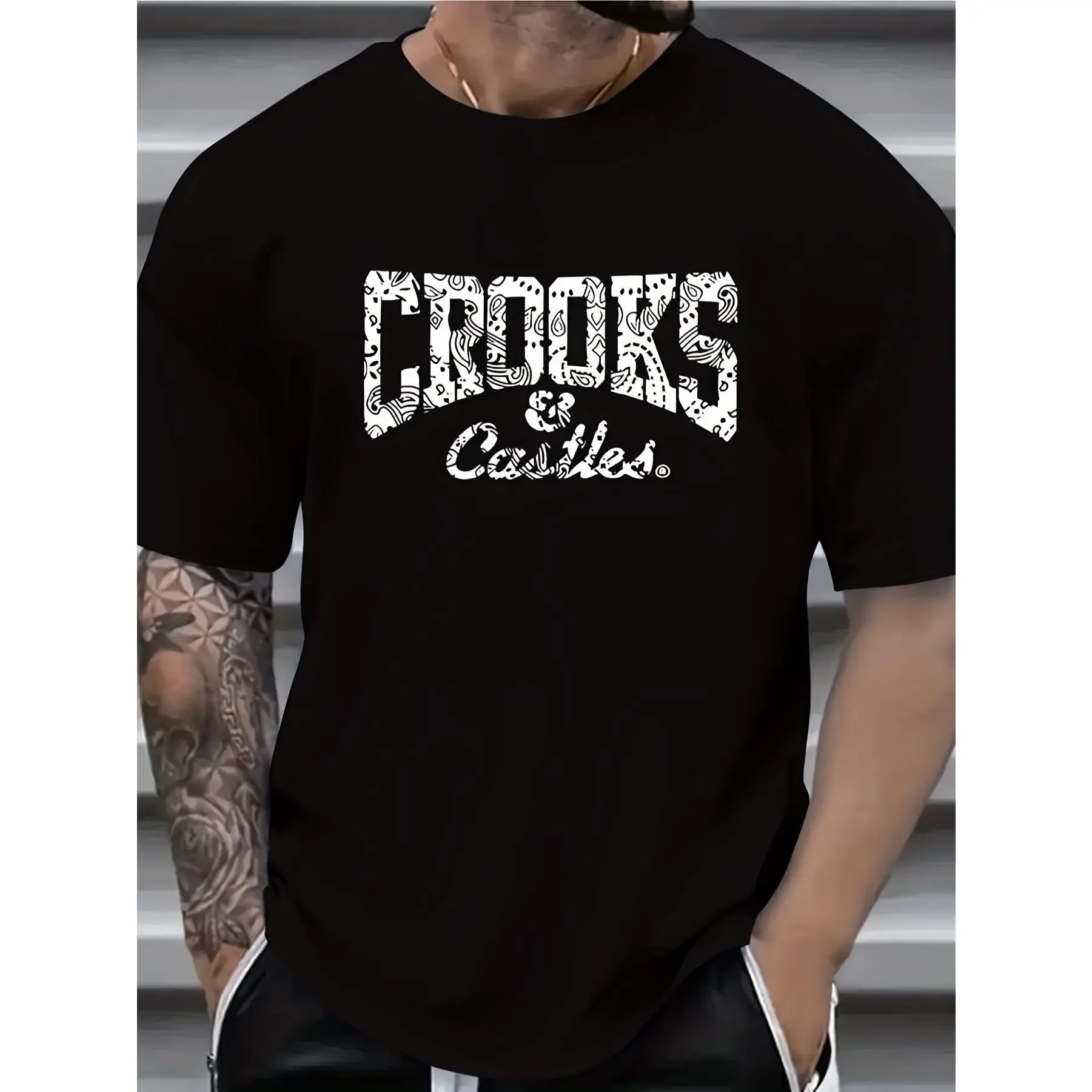 [Home Relaxation] Cotton T-Shirt With Crooks And Castles Print, Casual Crew Neck, All-Season Knit Fabric Tee For Adults