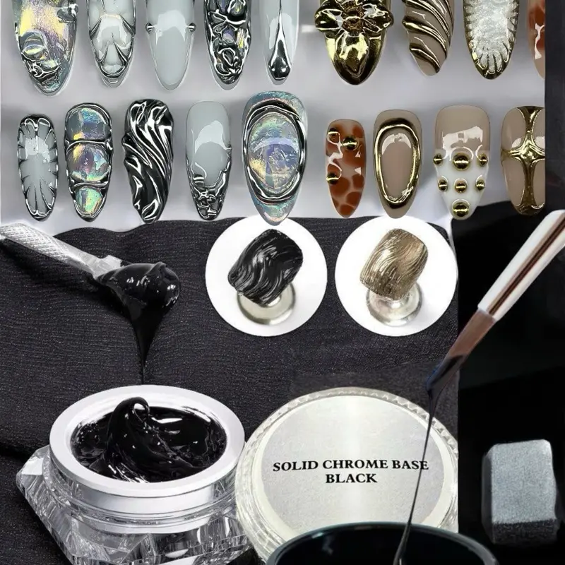 3D Effect Chrome Thick Gel 3D Non Wipe 3D nail art in Black and Clear