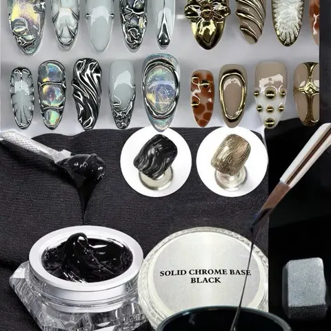 3D Effect Chrome Thick Gel 3D Non Wipe 3D nail art in Black and Clear