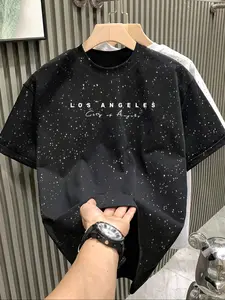 New Men's Black Galaxy Splatter "Los Angeles" Letter Printer Tee | Starry Night Fleck Craft | Vintage Baseball Number Print | Ultra Loose Hip-Hop Fit | Silver Stamped Premium Fabric | Street American Style | Unisex Couple Wear,Men's Letter Print T-Shirt