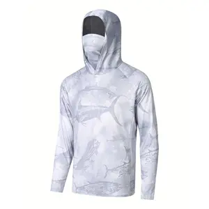 Men's Long Sleeve Hooded Sun Protection Shirt - Breathable Stretch Polyester Fabric,Breathable and lightweight，Printed Pattern, Regular Fit - For Beach, Outdoor, Running, Casual Wear - Ideal Gift for Fisherman & Outdoor Enthusiasts