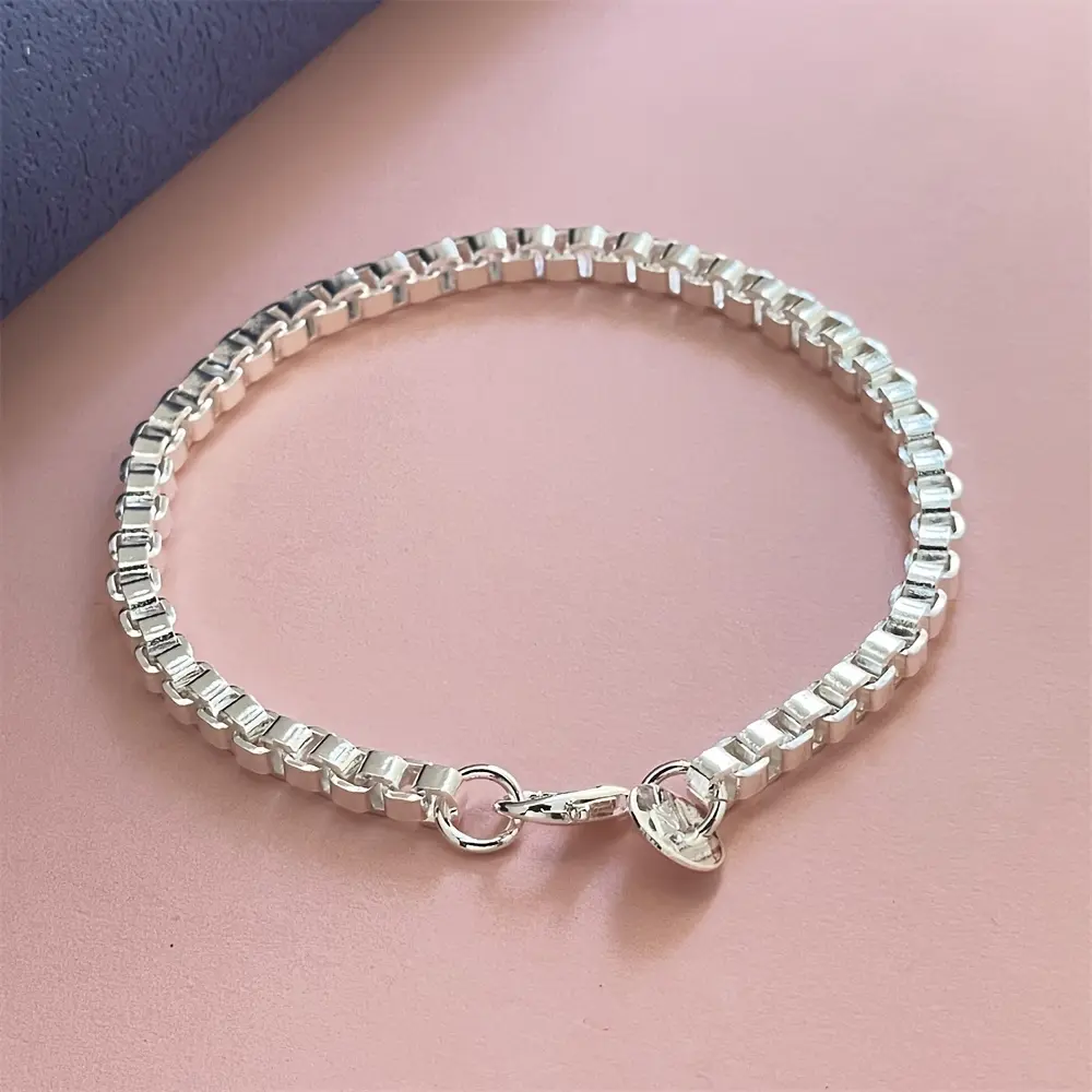 925 Silver-Plated Simple Square Box Venice Bracelet, Unisex Jewelry - Daily Wear Accessory, Ideal Couple Gift