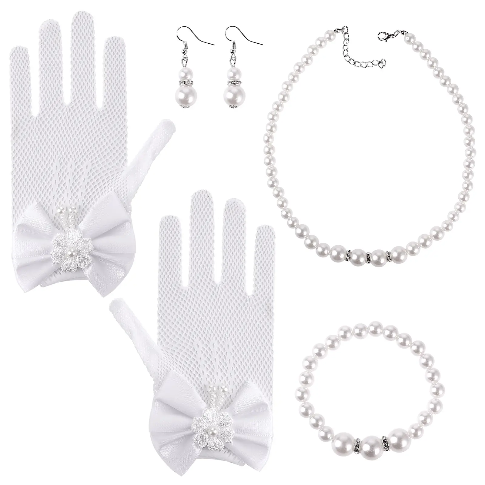 4 Pcs Girls Pearl Necklace Bracelet Earrings Jewelry Sets and White Lace Communion Glove Girls Princess Pageant Gloves for Children Wedding Pageant Halloween Cosplay (Suitable for ages 12+)