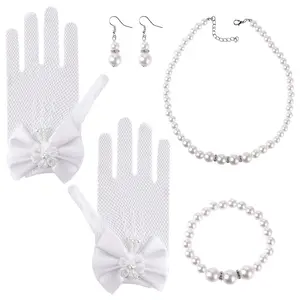 4 Pcs Girls Pearl Necklace Bracelet Earrings Jewelry Sets and White Lace Communion Glove Girls Princess Pageant Gloves for Children Wedding Pageant Halloween Cosplay (Suitable for ages 12+)