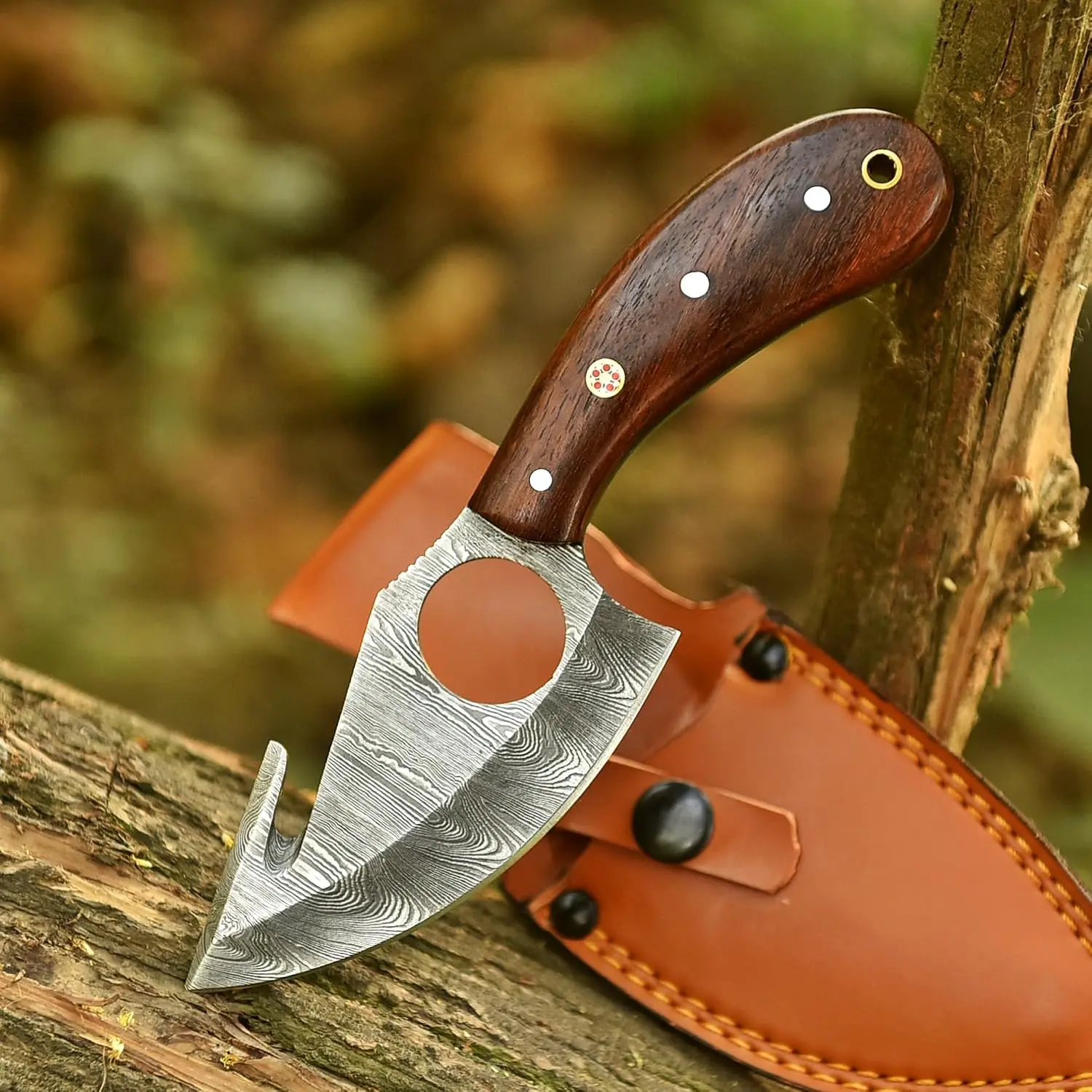 Full Tang Hand Forged Gut Hook Damascus Steel Outdoor Fixed Blade Camping Knife with Rose wooden Handle and Leather Sheath for Easy To Carry and Fast Cutting