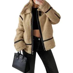 Imily Bela Womens Winter Faux Fur Coats Fleece Zip up Sherpa Moto Jackets Trendy Warm Leather Patchwork Outerwear