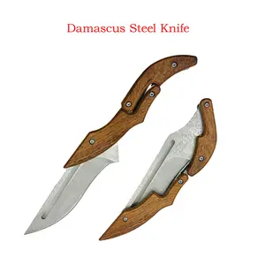 Damascus Steel Multi-Functional Folding Knife | Horseshoe Design Magic Tool | Wooden Handle, Multi-Use for Camping & Cooking | Top Men’s Gift Pick