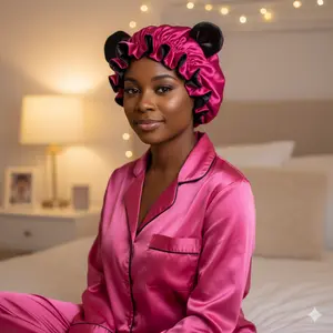 Pink and Black Teddy Bear Bonnet Haircare Smooth Elegant Design Soft Fur Plush Exterior Satin Interior Fits Most Adult Head Sizes 54-60 cm Circumference