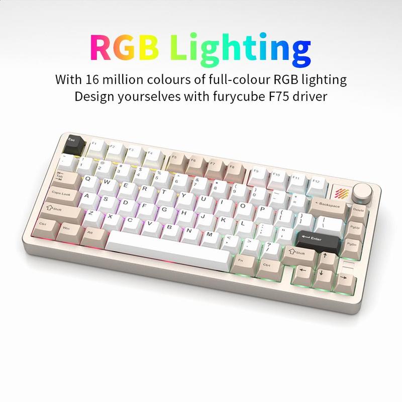 FURYCUBE F75S 75% CNC Aluminum Mechanical , South Facing  Backlight 2.4G BT USB Wired with HMX Grape Huano Latte 5-Pin Hot-Swappable Switches & Black White PTB Keycaps Gaming and mouse 300 wfh transparent jade keycaps Gaming RGB   witeless keyboard