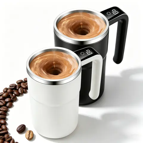 2026 New Smart Automatic Stirring Coffee Mug - Washable Stainless Steel Reusable Coffee Cup Tumbler, Built-In LCD Temp Display, Included Lid, Black-Digital Display Model, Effort-Saving for Milk, Cocoa