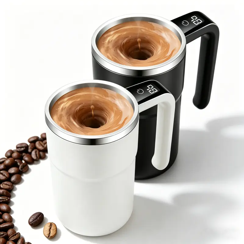 2026 New Smart Automatic Stirring Coffee Mug - Washable Stainless Steel Reusable Coffee Cup Tumbler, Built-In LCD Temp Display, Included Lid, Black-Digital Display Model, Effort-Saving for Milk, Cocoa