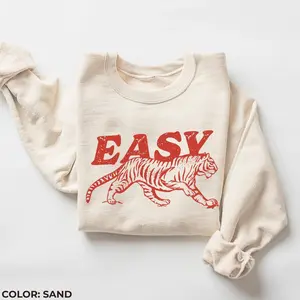 Vintage Easy Tiger Sweatshirt, Vintage Animal Graphic Tiger Tee, Unisex Oversized Boho Aesthetic Sweater, Soft Retro Style Top Pullover, Gift for Animal Lover, Trendy Casual Tee