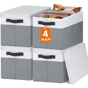 Large Closet Storage Baskets Bins with Lids 4 Pack, Storage Baskets for Organizing Shelves Nursery Bedroom, Home Dorm Closet Organizers Cubes for Clothes Toys Blanket Book - Stackable -14x10x9.5