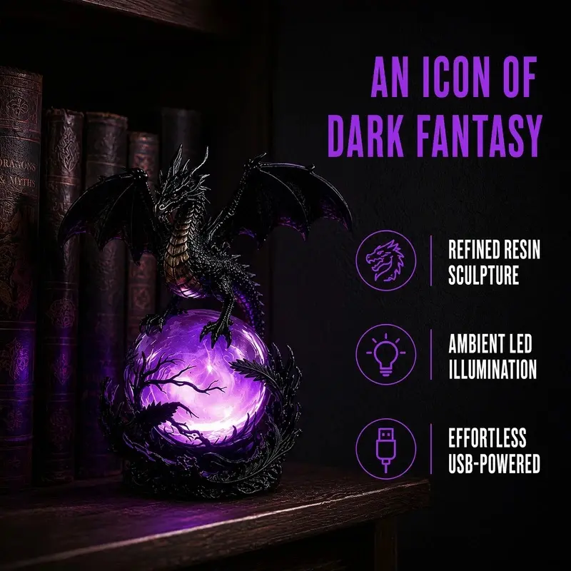 Gothic-style dragon-shaped LED crystal ball lamp, black dragon lamp, USB-powered, suitable for bedrooms, bookshelves, altars, and Halloween horror decorations