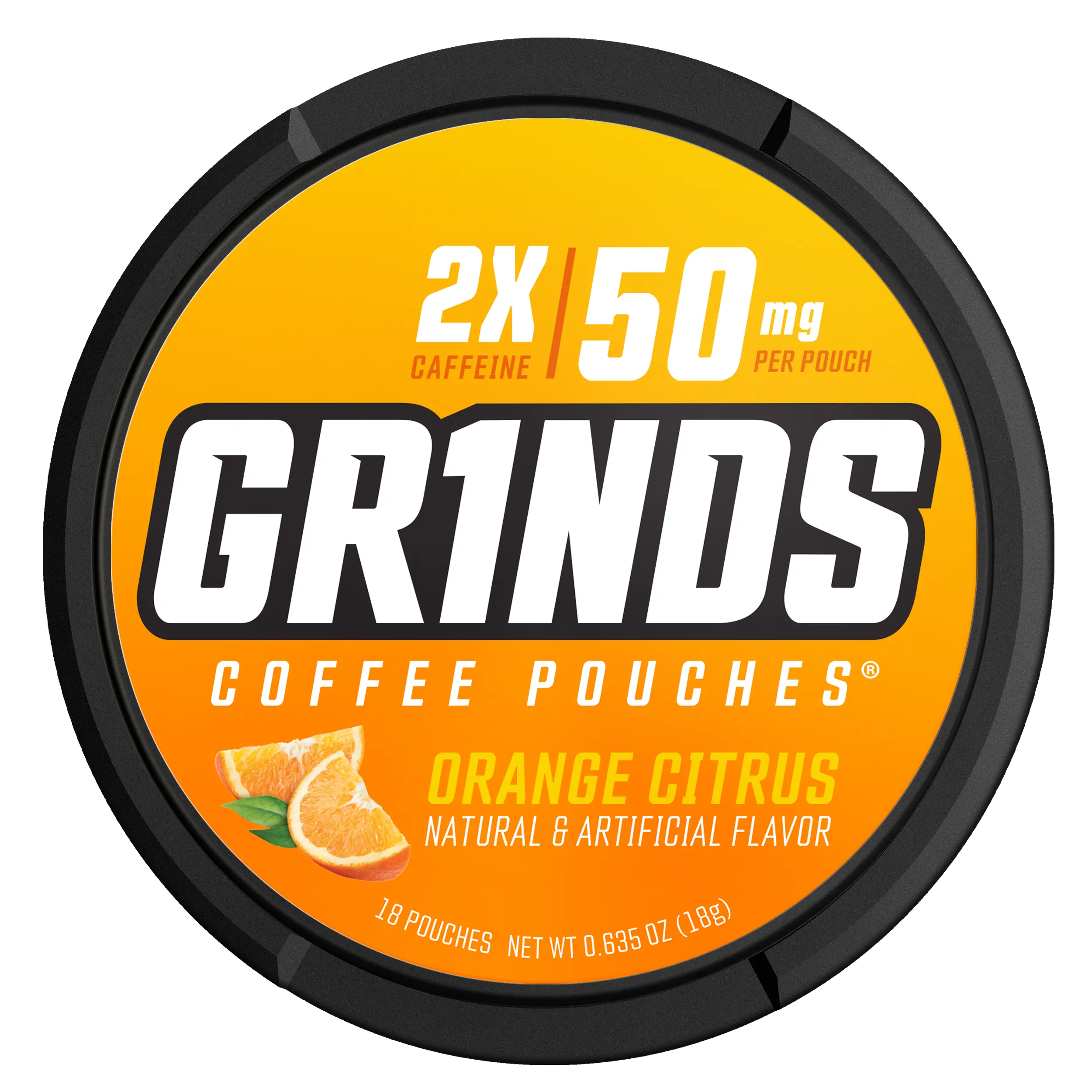 Grinds Orange Citrus Pouches | 50mg Clean Caffeine | Sugar-Free No Crash | Citrus Energy Boost | 2X Caffeine | Caffeine Pouches