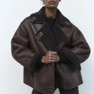 Fur and leather winter street style women's loose double-sided jacket suede thickened coat