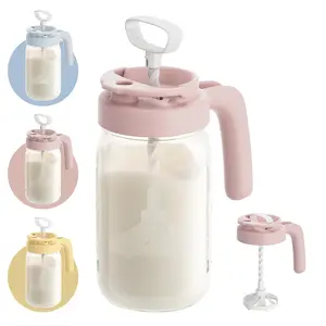 Glass Breastmilk Pitcher, Fast Baby Formula Maker with Mixing Handle Lid, Wide Mouth Mason Jar Breast Milk Storage Container with Flip-Lock Spout, BPA-Free, Pink.