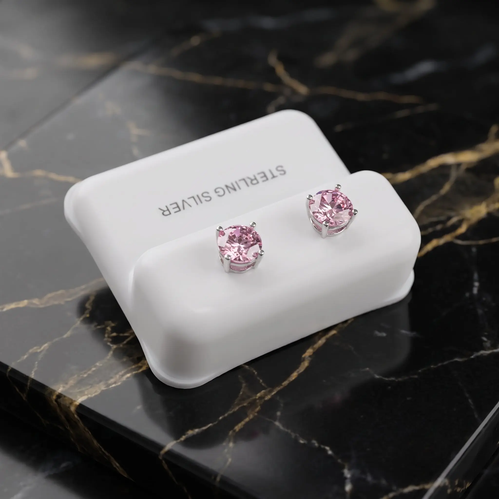 Pink Saphire Cz Earrings Round 925 Sterling Silver 6mm