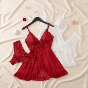 Women's 2-Piece Lace Mesh Lingerie Set - Sheer Transparent V-Neck Long Slip Nightgown, Spaghetti Strap Cami Dress, Lightweight Adjustable Soft Minimalist Elegant Sleepwear for Sleep & Lounge