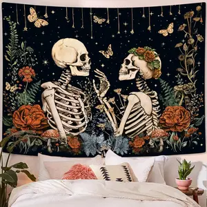 Floral Skeleton Tapestry For Bedroom Aesthetic Tapestries Skull lover Tapestry Wall Hanging for Bedroom Living Room room bedroom Halloween Skull Mushroom Tapestry Artwork Flowers Design Boho Magical Decoration Items Multicolor Decorating