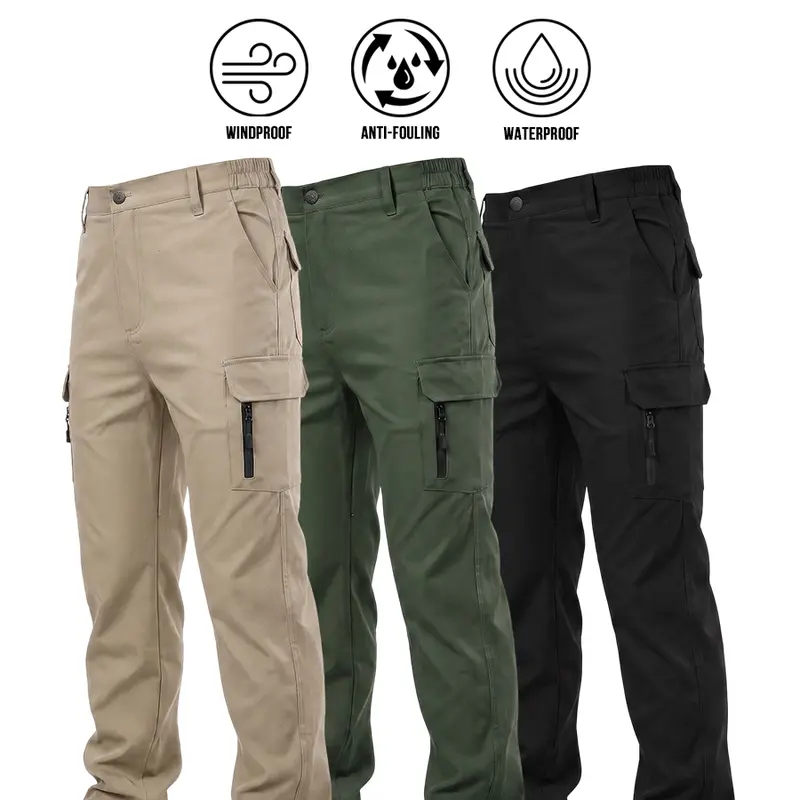 Men's 3-Pack Solid Multi-Zip Cargo Pocket Tactical Pants Set, 3-Proof Windproof-Waterproof-Anti-Fouling Fabric, Elastic Waist Regular Leg Menswear Mens Clothing Outdoor Utilitarian Work Trekking Trousers