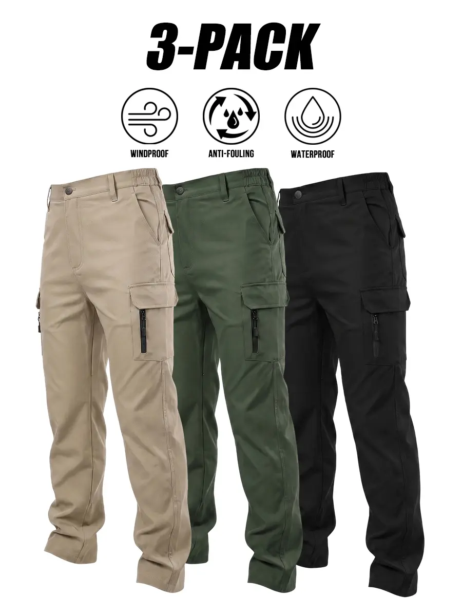 3-PACK Men Solid Multi Zip Cargo Pocket Tactical Hiking Pants, 3-proof windproof waterproof anti-fouling fabric, straight leg elastic waist outdoor work combat trekking trousers