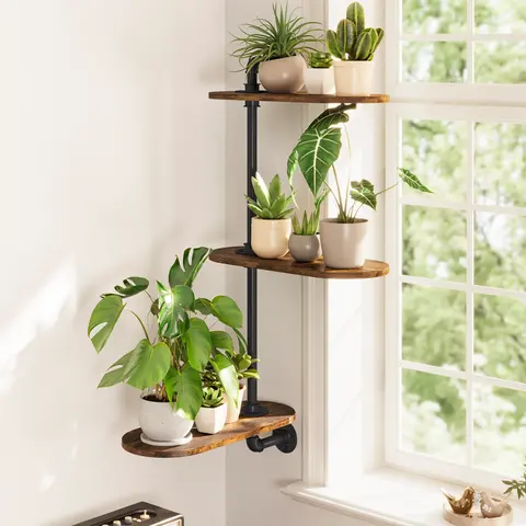 3-Tier Rotating Industrial Wood Window Plant Stand - Durable Frame, Decorative Item with Hardware & Pre-Drilled Holes for Easy & Quick Installation, Rustic Modern Wall-Mount Indoor Shelf for Bathrooms, Space-Saving for Max Sun Exposure, Plant Lover Gift