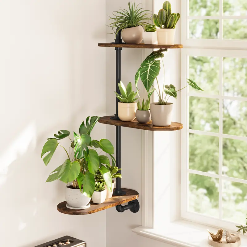 3-Tier Rotating Industrial Wood Window Plant Stand - Durable Frame, Decorative Item with Hardware & Pre-Drilled Holes for Easy & Quick Installation, Rustic Modern Wall-Mount Indoor Shelf for Bathrooms, Space-Saving for Max Sun Exposure, Plant Lover Gift