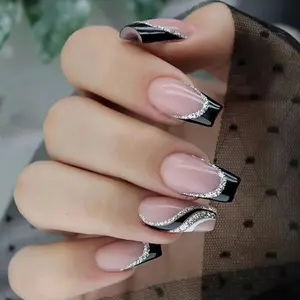 Black French Tip Press on Nails Medium Length Square Fake Nails with Silver Glitter Line Designs Glossy Coffin Nail Full Cover Nail Tips Glue on Nails Artificial Acrylic False Nail for Women 24Pcs