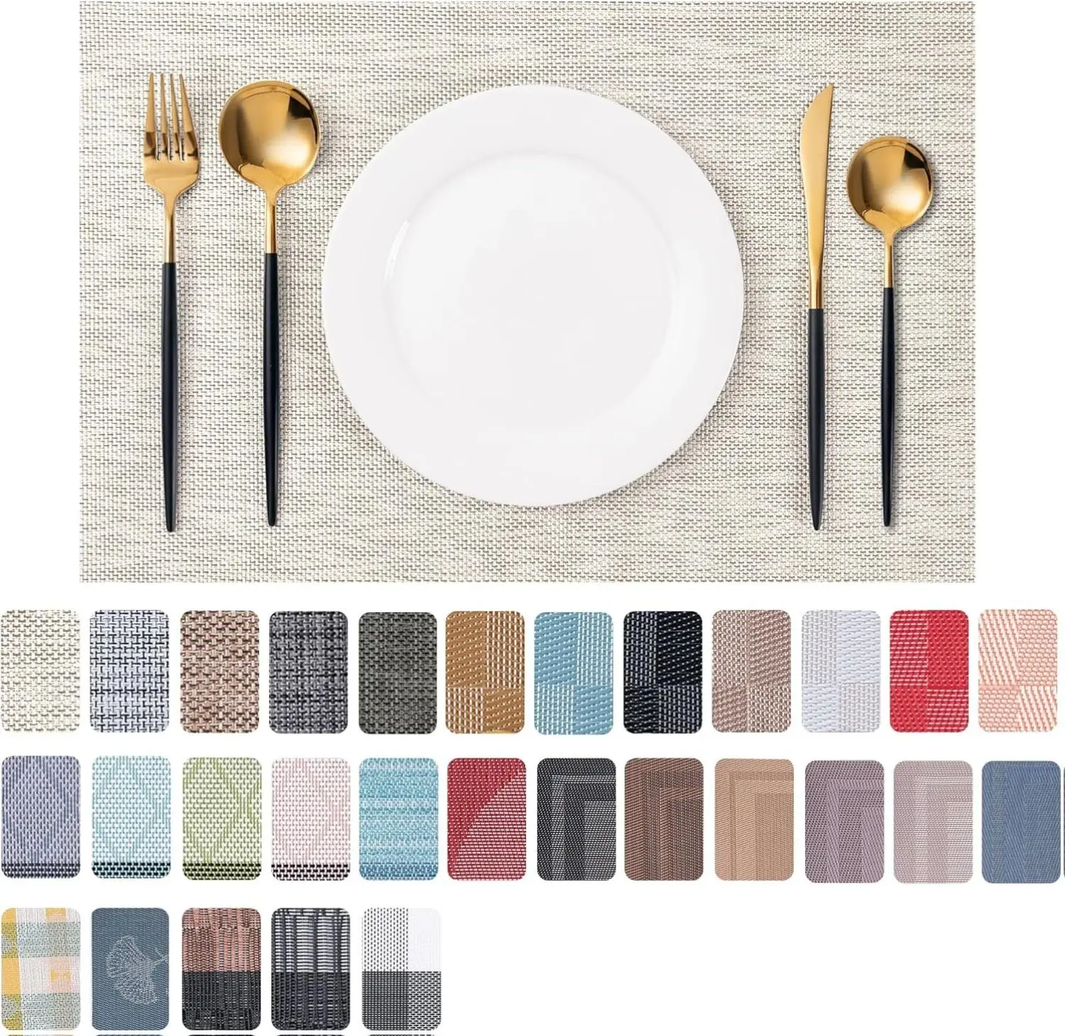 Placemats Set of 4 Beige Washable Indoor/Outdoor Place Mats for Dining Table Durable Non-Slip Heat Resistant PVC Weave Table Mats Eco-friendly 70% PVC 30% Polyester