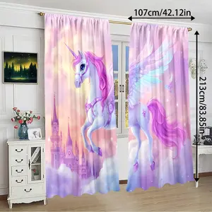 2 Piece Unicorn Print Curtains, Winged Unicorn Pattern, Rod Pocket Design, Half-Transparent Privacy Curtains for Bedroom Living Room Kitchen Closet Study Home Decor