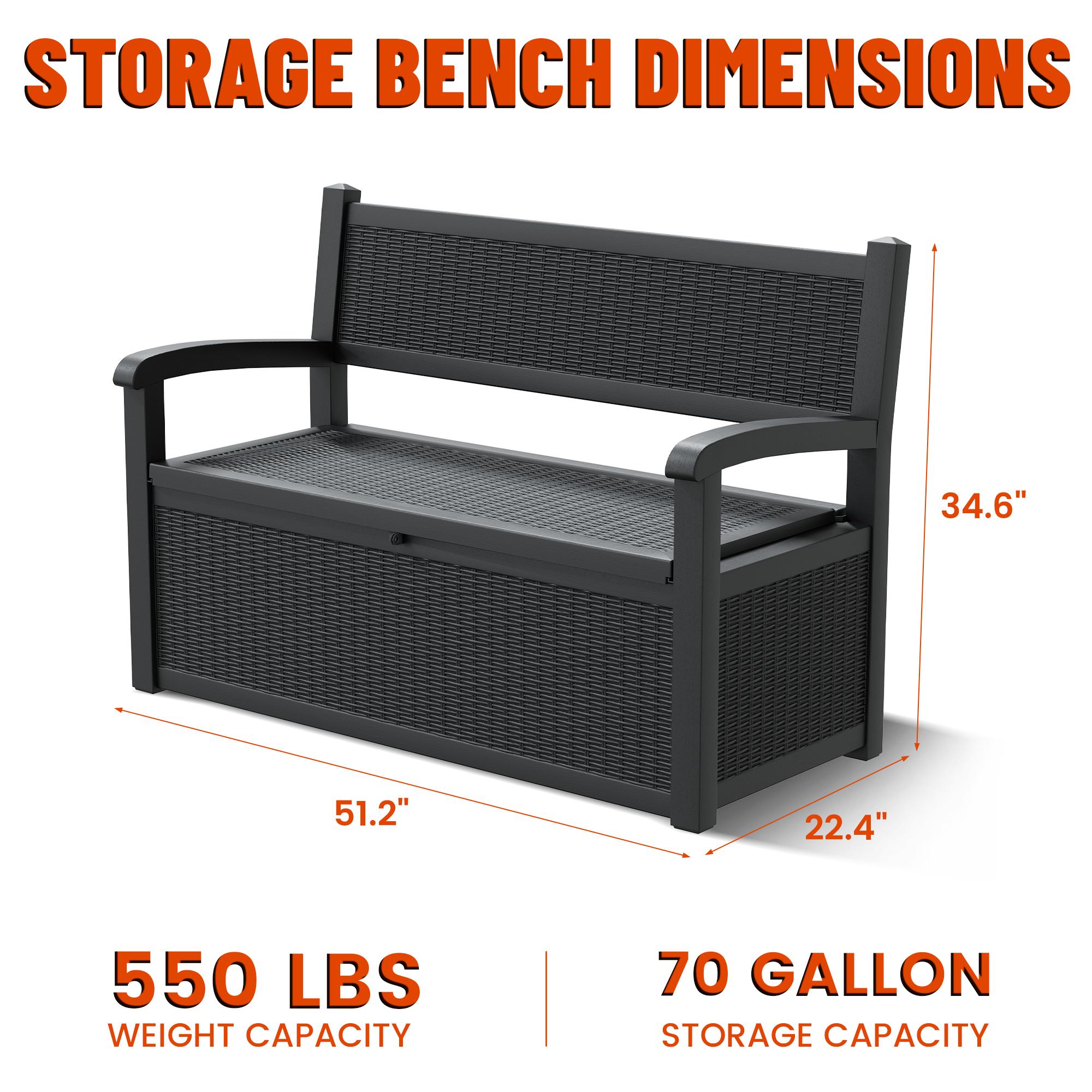 RIWENGO 70 Gallon Storage Bench Deck Box with Armrest for Patio Furniture Outdoor Storage Water Resistant Durable Secure Locking System