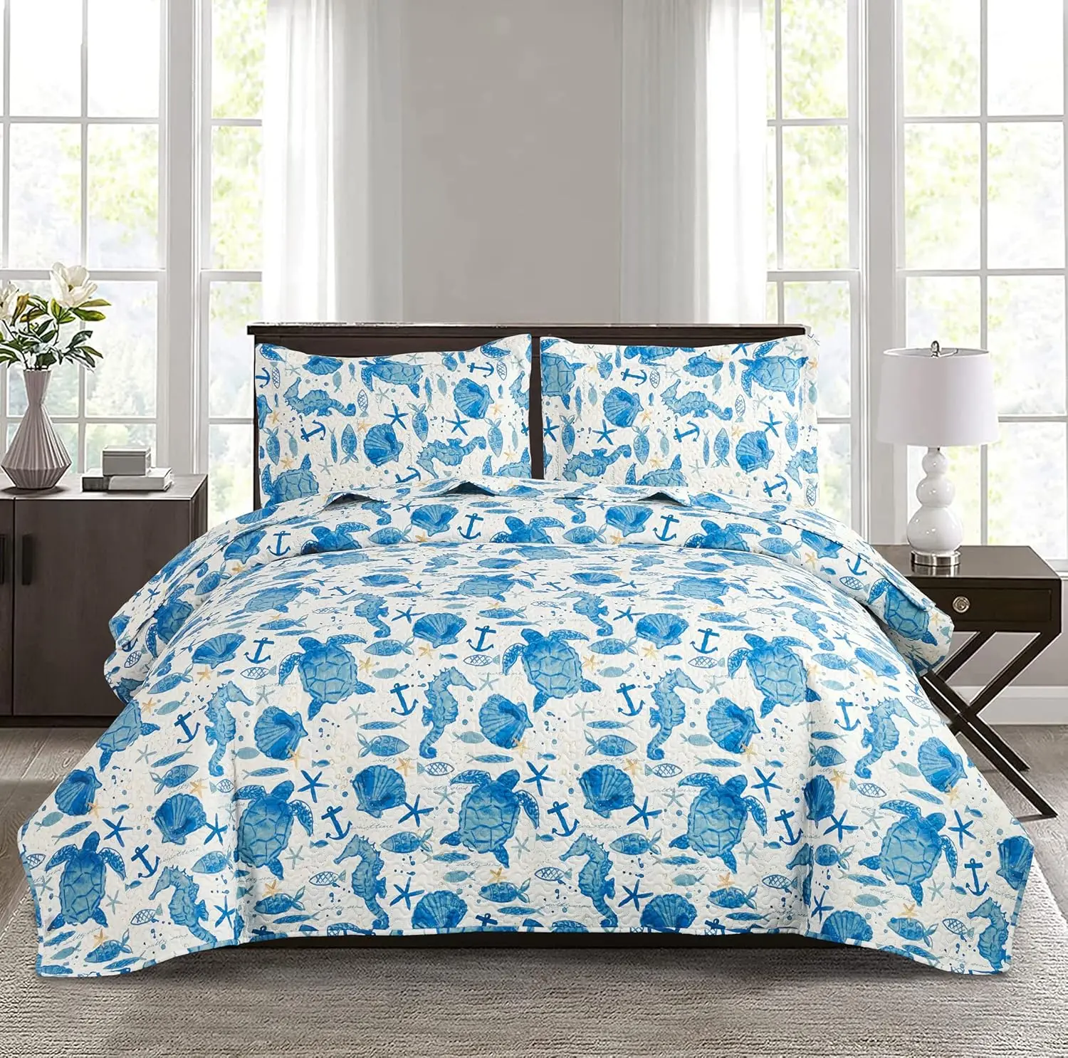 Quilt Bedspread  Size  Bedding Coastal Beach Quilt Set Bedding  Lightweight Quilt Summer Bedsread Coverlet  Collections Reversible  Quilt Sea Turtle Blue