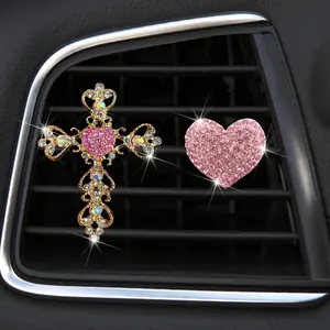 New Rhinestone Heart & Cross Air Vent Perfume Clip — Gold Rhinestone Cross Car Air Conditioner Decoration