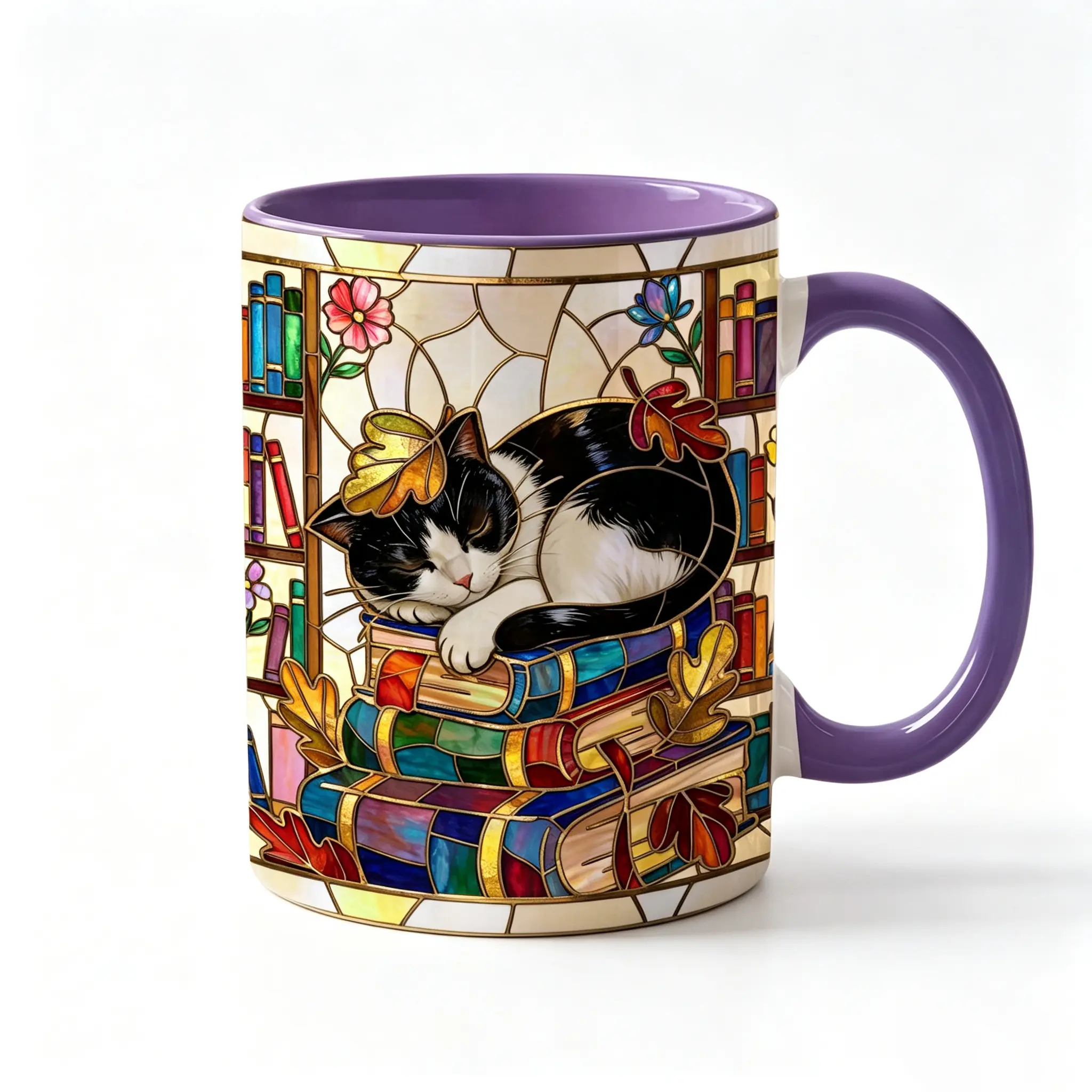 Tuxedo Sleeping Cat Book Lover Ceramic Mug, Cozy Reading Nook Coffee Cup, Library Bookworm Gift
