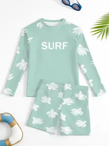 Fashion Letter Turtle Pattern Boys' Spring Summer Long Sleeve Top Shorts Swimwear Set, Swimsuits With Shorts, Perfect Gift for Beach Vacation, Casual Outdoor Wear, Swimwear Bathing Suit