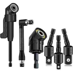 6-Piece Right-Angle Drill Attachment Set with 360° Rotatable Impact-Grade Sockets 1/4" 3/8" 105° Hex-Shank Angle Adapters & 90° Right-Angle Drill