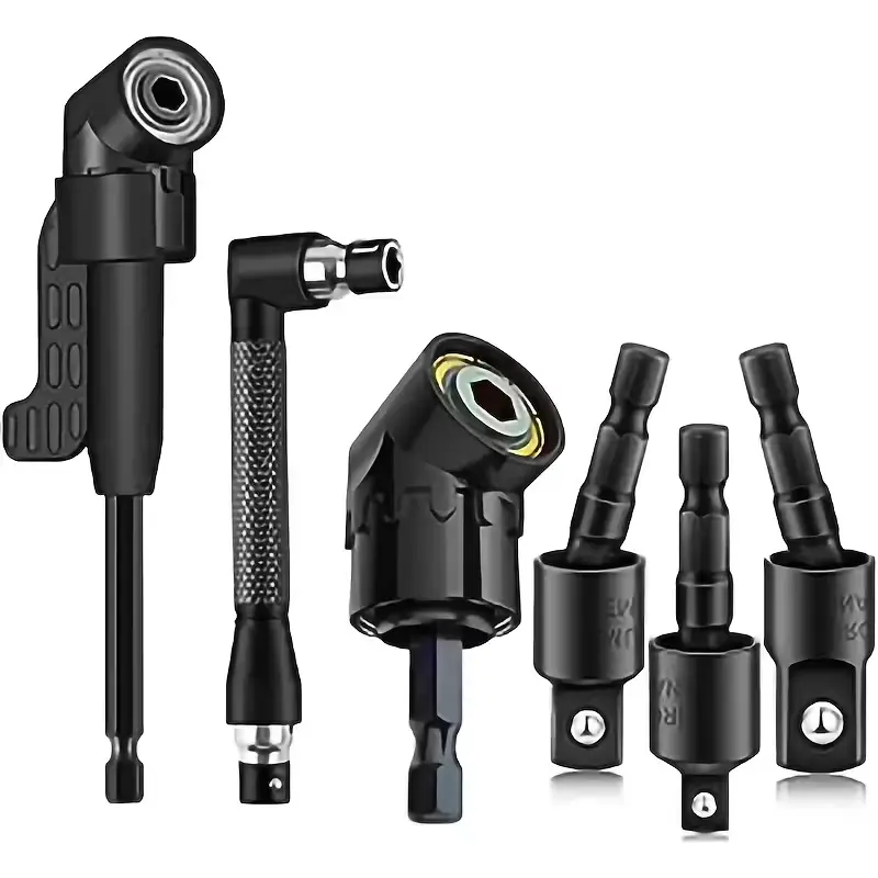 6-Piece Right-Angle Drill Attachment Set with 360° Rotatable Impact-Grade Sockets 1/4" 3/8" 105° Hex-Shank Angle Adapters & 90° Right-Angle Drill