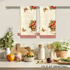 2PC  Vintage Farmhouse Apple Basket and Butterflies Swedish Dishcloth, Red Checkered Reusable Absorbent Cellulose Sponge Wipe, Kitchen Cleaning Cloth