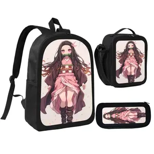 Demon Slayer Nezuko Anime Collaboration 3-Piece Backpack Set Black Minimalist Style Large Capacity Backpack Pencil Case Lunch Bag for Fans