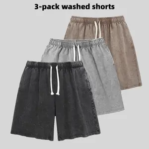 3-pack, 260g, Men's Retro Sports Shorts, Acid Washed Cotton, Elastic Waistband, Street Style Sports Shorts, Gym Drawstring, Breathable Shorts with Pockets, Jogging Pants