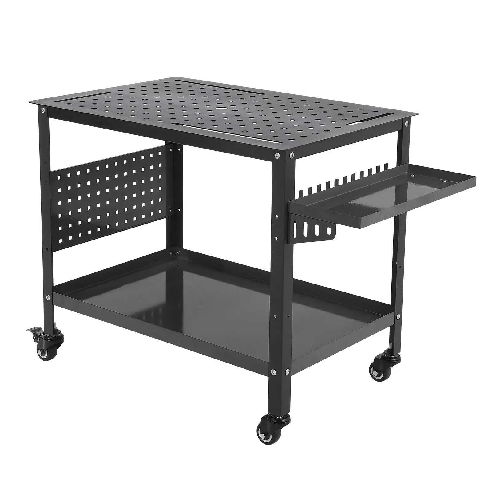 [fathers day gift]New Upgraded Utility Tables 1 Package Metal Welding Workbench With Side Tray Handles 36 X24 Inch, 600 Lb Load Capacity Steel Welding Workbench With Wheels, Portable Workbench With Double Storage Panel, 161 5/8 Inch Fixing Holes, 11 Hooks
