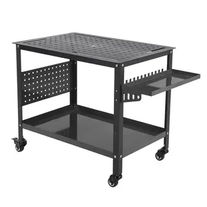 New Upgraded Utility Tables 1 Package Metal Welding Workbench With Side Tray Handles 36 X24 Inch, 600 Lb Load Capacity Steel Welding Workbench With Wheels, Portable Workbench With Double Storage Panel, 161 5/8 Inch Fixing Holes, 11 Hooks