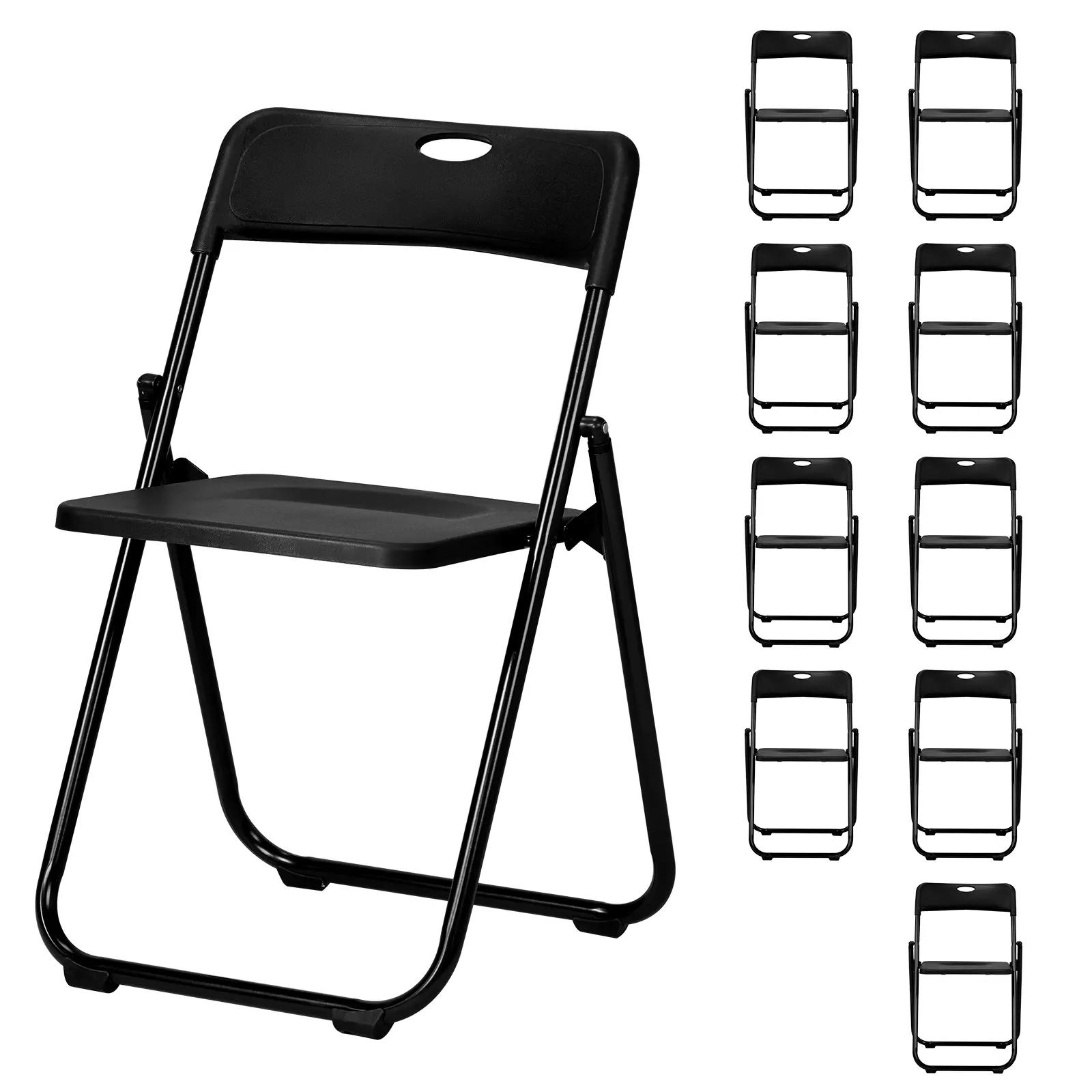 10-Pack Black Plastic Folding Chairs, Stackable Commercial Chairs with Stable Triangle Metal Frame, Portable Easy-to-Clean Waterproof Seats for Home Party, Indoor Outdoor Event Use (Wedding, School Gathering Compatible)