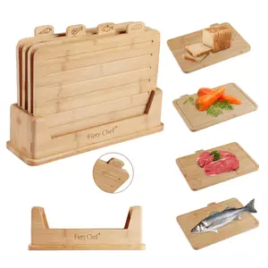 Bamboo Cutting Board Set of Four, Kitchen Cutting Board, Wooden Chopping Boards with Stands, Food Icon Design, Juice Groove, Ideal for Meat, Fish, Bread, Vegetables, Fruits, Durable Chopping Board
