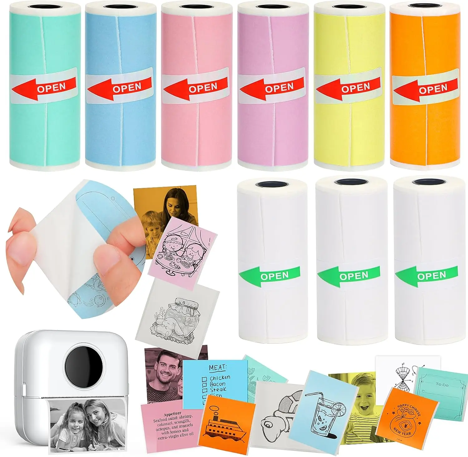 9 rolls of thermal self-adhesive paper (57x25mm) and 12 rolls of thermal self-adhesive paper, suitable for pocket ink portable Bluetooth thermal label printers, multiple options available, for photo and note printing