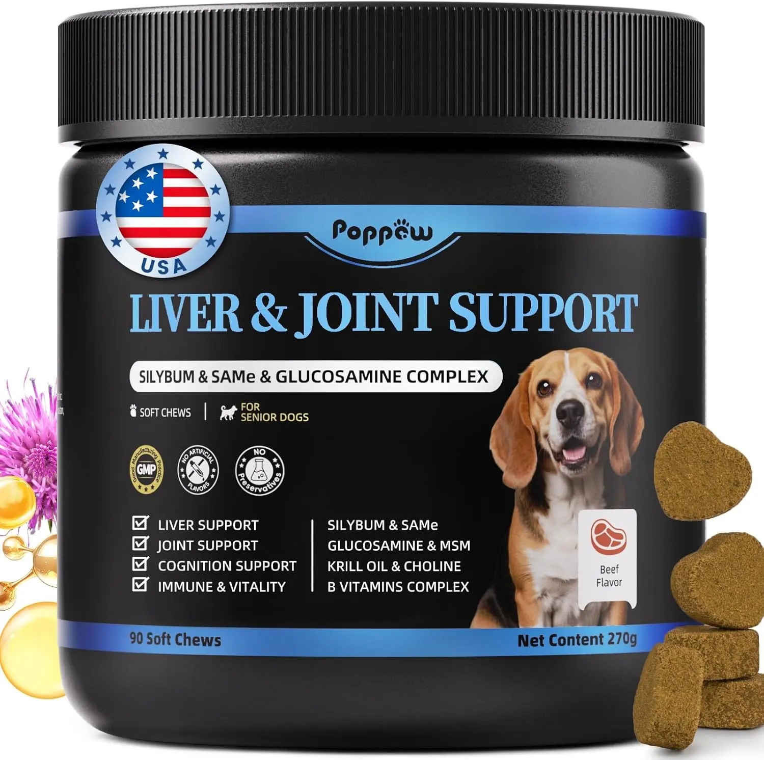Senior Dogs Liver & Joint Health Chews – Support with Silybum Marianum, SAMe, Krill Oil, Glucosamine, B Vitamin Complex, MSM, and Choline, 90 Soft Chews