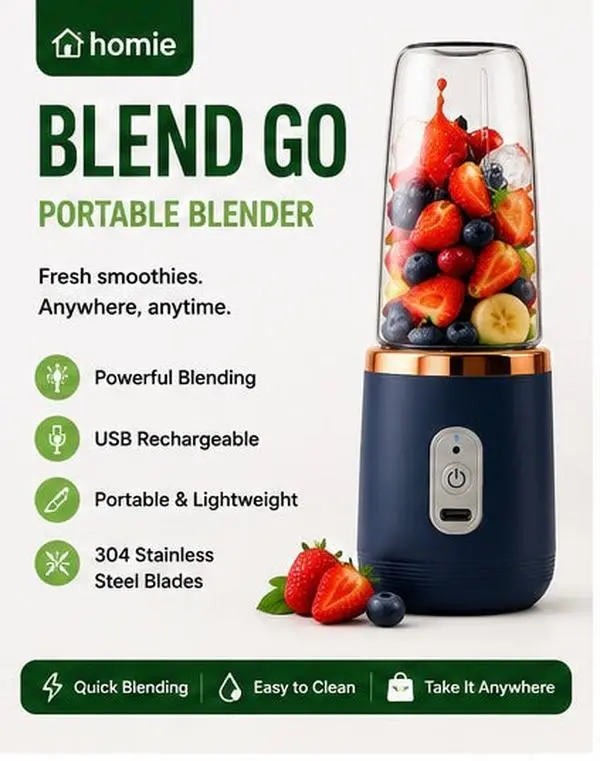 Homie BlendGo Portable Blender | USB Rechargeable Smoothie Maker, 6 Blade Design Mini Blenders, All-In-One Handheld Mini Blenders