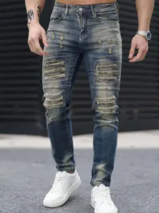 Men's 2026 Trendy Ripped Vintage Blue Jeans, Casual Slim Fit Stretchy Distressed Pocket Pants for Stylish Everyday Wear, Versatile and Fashionable Menswear Bottoms